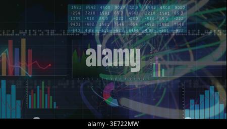 Displaying dashboard centered on dark canvas, with bar line area charts, numeric table and ribbons. Analytics, visualization, panels, data, interface, Stock Photo