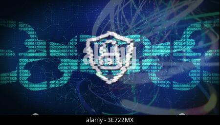 Displaying central pixel shield emblem glitching over digital network, showing padlock, code, mesh. Cybersecurity, encryption, glitch, neon, cyberspac Stock Photo