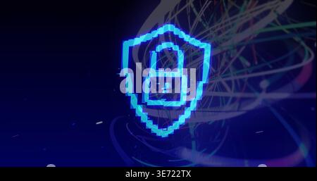Glowing neon pixelated shield floating in cyber backdrop, showing padlock, scanline ribbons. Emblem, security, glitch, glow, holographic, abstract, di Stock Photo