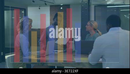 Reviewing team using laptops and documents in glass room, in business attire with chart overlay. Meeting, collaboration, professionals, office, modern Stock Photo