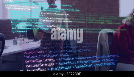 Projecting colorful source code overlay across open-plan office, with monitors, laptops, red jacket. Collaboration, coworking, developers, software, w Stock Photo