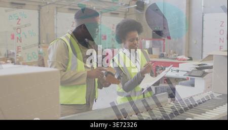 Man scanning incoming box on warehouse belt woman checking list overlays updating counts for orders. Packing, fulfillment, logistics, distribution, in Stock Photo