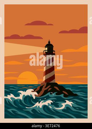 Striped lighthouse on a rock in the sea during sunset vector illustration Stock Vector