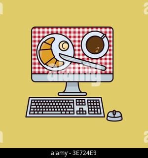 Breakfast displayed on the screen of desktop computer vector illustration for Deskfast Day on April 12 Stock Vector