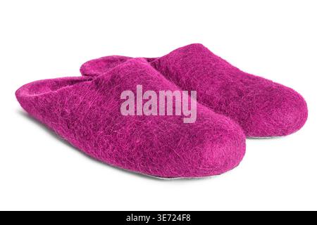 Pink felt wool slippers isolated on white background Stock Photo
