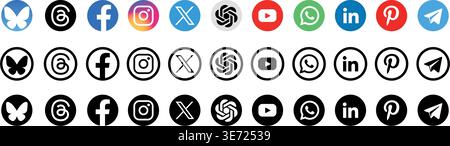 Icon set of popular social applications with rounded corners.  Stock Vector