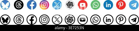 Icon set of popular social applications with rounded corners.  Stock Vector