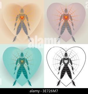 Set of Four Human Body Illustrations with Big Heart Radiating Rays of Light, Cardiac Coherence - Vector Stock Vector