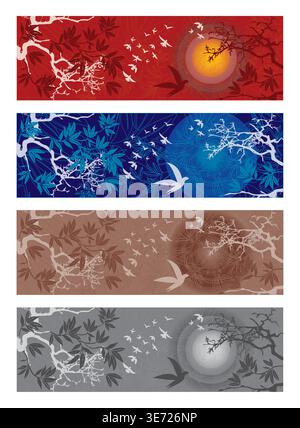 Four Sunset Eastern Landscapes with Birds and Trees Background Multiple Colors Vector Design Stock Vector