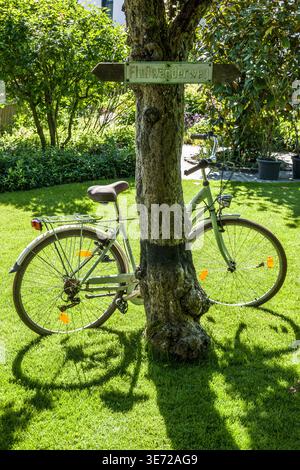 old bicycle leaning against an apple tree in the garden as decoration Stock Photo