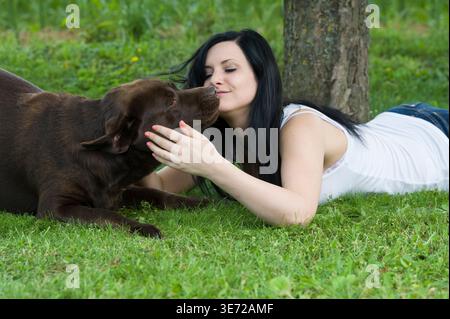 Young woman with brown Labrador Retriever in the meadow Stock Photo