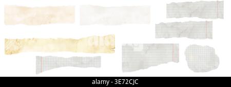 Torn paper, torn pages of a notebook or school notebooks, pens and paper clips. Watercolor illustration. A set of torn pieces of paper with crumpled a Stock Photo