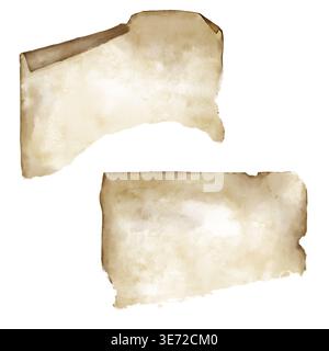 Torn scrolls and manuscripts. Watercolor illustration. Torn, aged ivory-colored manuscript paper with uneven edges, isolated against a background Stock Photo