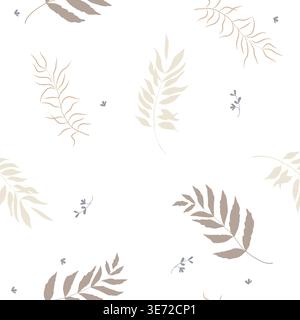 Twigs with leaves on a seamless pattern, hand-drawn. Vector illustration. Drawing of forest branches of trees and meadow grasses, isolated on a white Stock Vector