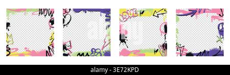 Abstract urban graffiti border set. Square frames with spray paint stickers, street art design elements, inky drips, splashes. Vector set of hand drawn hip hop covers, posters with transparent layouts Stock Vector