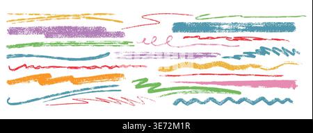 Charcoal texture underlines, color crayon scribbles, wavy brush strokes. Kids hand drawn doodle squiggles, curly lines. Pencil chalk rough and thin stripes, freehand strikethroughs on white background Stock Vector