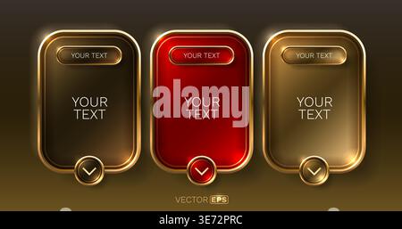 Luxurious glossy golden and red UI frames for modern design concepts, premium banners, and web elements. Vector illustration. Stock Vector