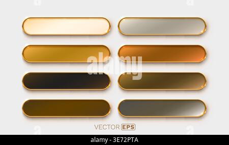 Collection of luxurious gold-framed metallic buttons with a glossy 3D effect, ideal for modern design. Vector illustration. Stock Vector