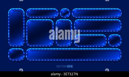 Set of blue neon frame with glowing light bulbs. Modern electric billboard or signboard elements for your design. Vector illustration Stock Vector