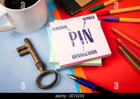 Desk Scene Featuring PIN Personal Number Identification Note Representing Account Security Stock Photo