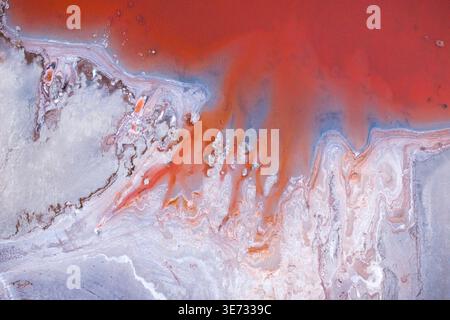 Aerial view of rust-colored waters meet the stark, white shoreline, creating a mesmerizing dance of color and texture in this unique landscape, Salt l Stock Photo