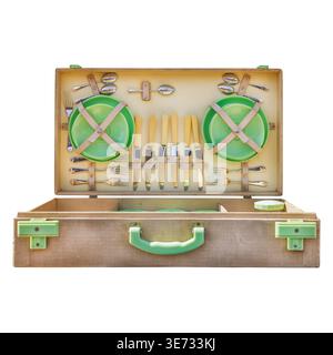 Vintage picnic basket filled with plates and cutlery isolated on a white background Stock Photo