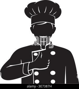 Professional black and white silhouette vector illustration of a friendly male chef wearing a traditional hat and uniform giving a thumbs up gesture f Stock Vector