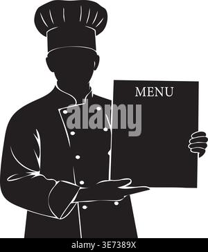 Black silhouette of a professional chef in uniform holding and presenting a menu board, ready to take orders or showcase dishes. Stock Vector