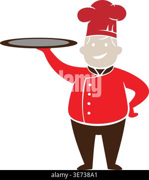 Smiling Cartoon Chef or Waiter in Red Uniform Holding Empty Serving Tray - Vector Illustration Stock Vector