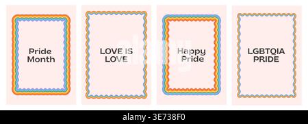 LGBTQ pride month poster set with groovy rainbow wavy frames. Retro aesthetic vertical banners with Love is Love and Happy Pride slogans for social Stock Vector