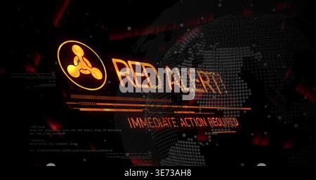 Displaying RED ALERT on control HUD, showing emblem, IMMEDIATE ACTION REQUIRED, progress bars. Cyberpunk, neon, cinematic, glow, overlay, dashboard, c Stock Photo