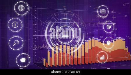Displaying stylized dashboard showing 3D bar chart with numeric labels and HUD on purple grid. Analytics, visualization, interface, data, laptop, futu Stock Photo