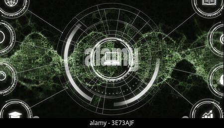 Animating central HUD and laptop icon glowing at center in dark dashboard, with neon network nodes. Cyber, dataviz, grid, green, futuristic, interface Stock Photo
