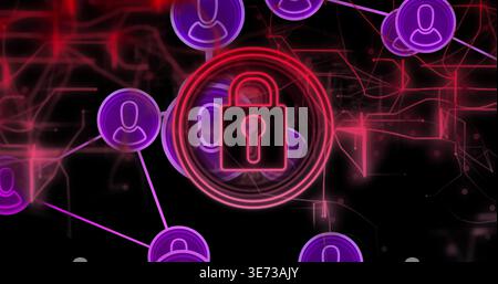 Highlighting central padlock emblem glowing in virtual cyberspace, with neon lines and purple nodes. Network, security, encryption, nodes, circuits, a Stock Photo
