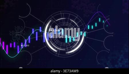 Displaying central circular HUD animating candlestick bars, line graphs, numeric labels on dark UI. Neon, futuristic, dashboard, visualization, analyt Stock Photo