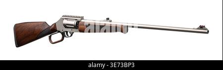 Modern revolver rifle with wooden stock isolated on white background. Stock Photo