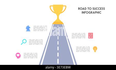 Road to Success Infographic with Trophy and Five Icon Stages on Pathway Vector Illustration Stock Vector