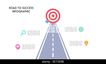 Infographic design showing road to success with target and colorful business icons on clean background Vector Illustration Stock Vector