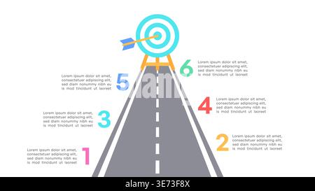 Success Roadmap Infographic with Six Numbered Steps and Arrow Target Vector Illustration Stock Vector