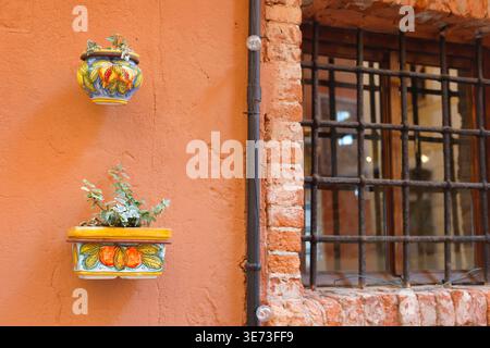 Traditional hand painted Italian ceramic pots with green plants on orange terracotta wall. Close-up shot features colorful Mediterranean pottery with Stock Photo
