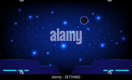 Digital cockpit view featuring a blue glowing grid, bright stars and a black planet in deep space Stock Vector