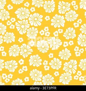 Hand drawn seamless floral pattern with simple abstract daisy shapes and tiny flowers, light spring background in bright yellow flowers on white Stock Vector