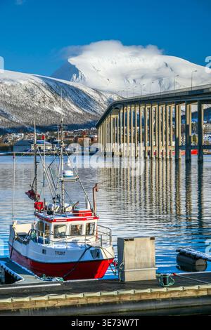 Tromso Bridge with Tromsdalstinden mountain in the background, Tromso, Troms, Norway Stock Photo