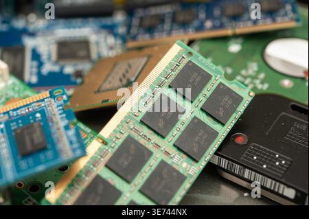Close-up of RAM memory modules and computer components showing modern computing hardware and digital technology Stock Photo