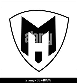 Modern MH monogram logo with shield emblem, bold minimalist letter mark design representing strength, security and professional brand identity, clean Stock Vector