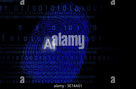 Blue fingerprint with the AI symbol and binary code over Stock Photo