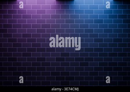 Dark brick wall background with neon purple and blue lighting Stock Photo