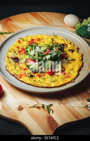 Healthy vegetable omelet with broccoli florets cherry tomatoes and parmesan shavings served on a ceramic plate over a wooden table. Stock Photo