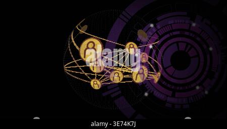 Forming gold avatars in dotted sphere at center, glowing lines linking nodes with purple HUD. Network, icon, globe, grid, golden, violet, cyberspace Stock Photo