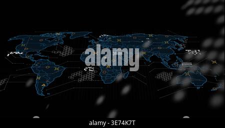 Holographic world map projecting blue outlines with hex grid and glowing hotspots on black backdrop. Globe, dataviz, holo, neon, nodes, bokeh, perspec Stock Photo